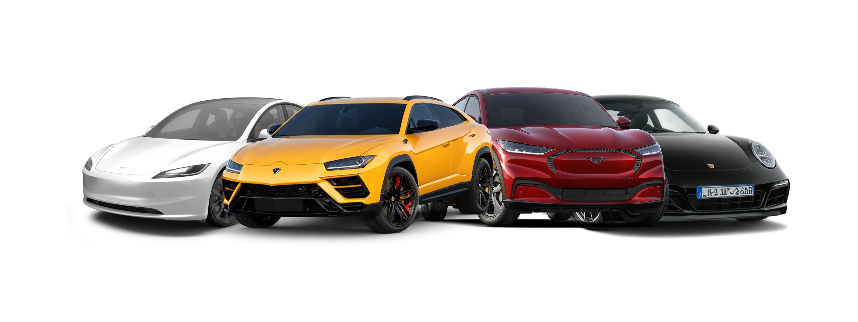 Luxury vehicles: Tesla, Lamborghini Urus, Ford Mustang Mach-E, and Porsche 911